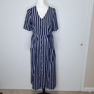 Navy and white striped midi dress